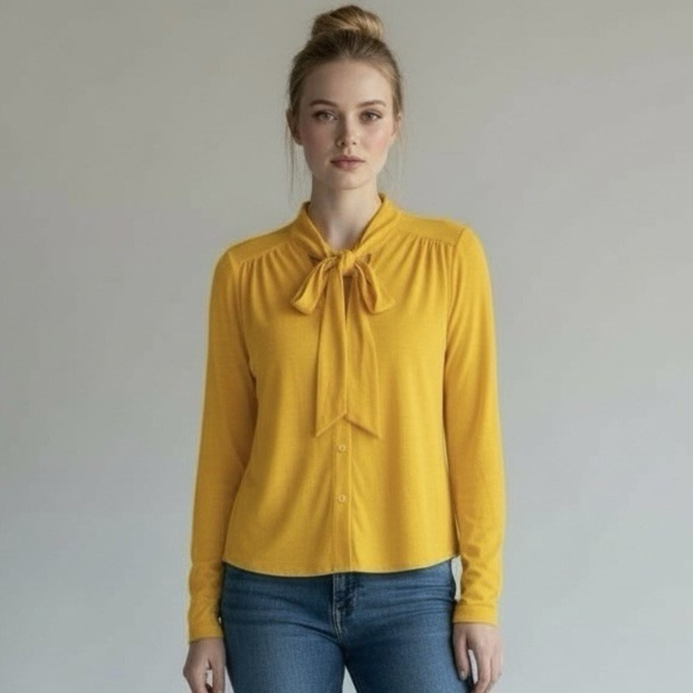 Boden‎ Yellow Tie Neck Blouse Women's US 6 UK 10 Cotton Long Sleeve
